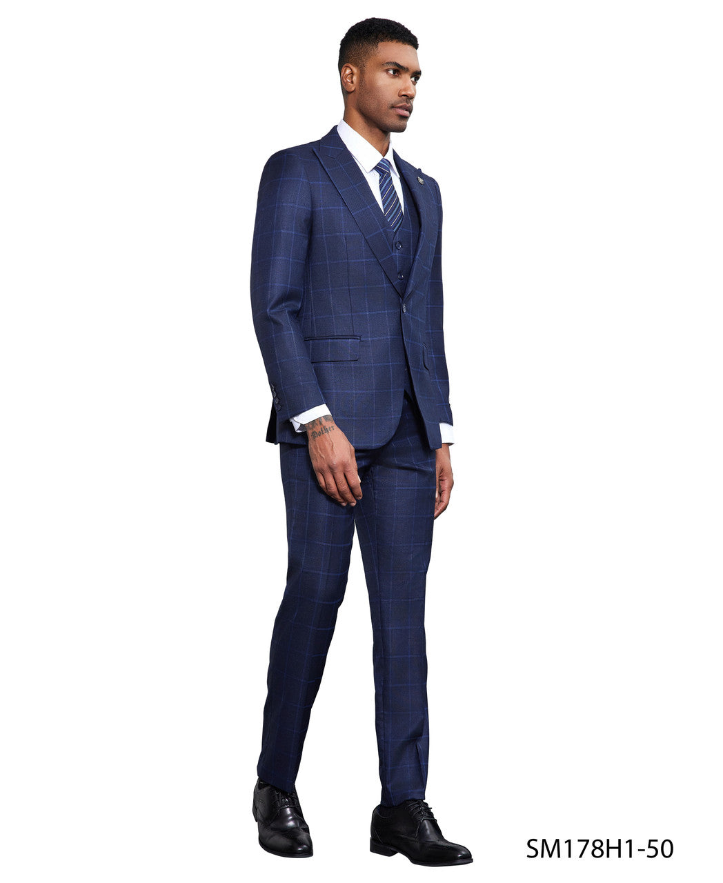 Dark Blue Windowpane 3 Piece Peak Lapel Stacy Adams Men's Hybrid Suit