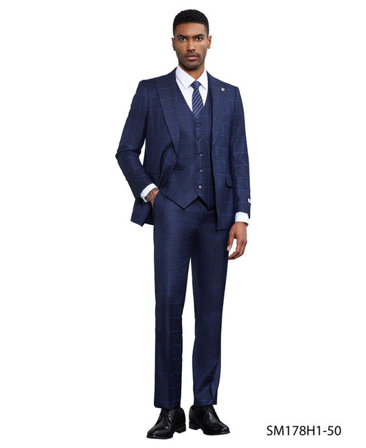 Dark Blue Windowpane 3 Piece Peak Lapel Stacy Adams Men's Hybrid Suit