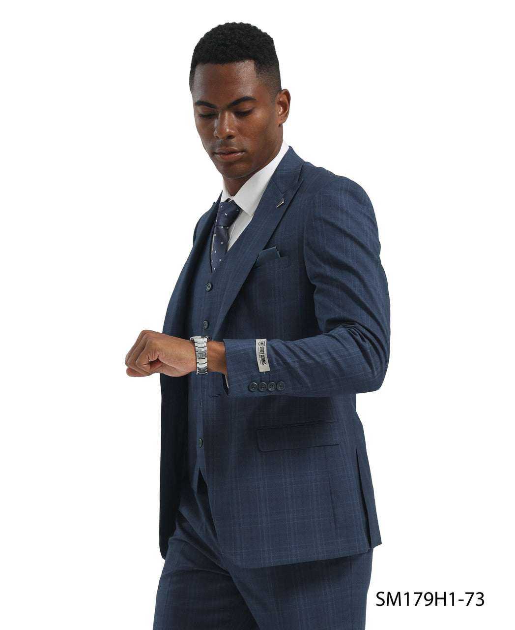 Blue Glen Plaid 3 Piece Peak Lapel Stacy Adams Men's Hybrid Suit