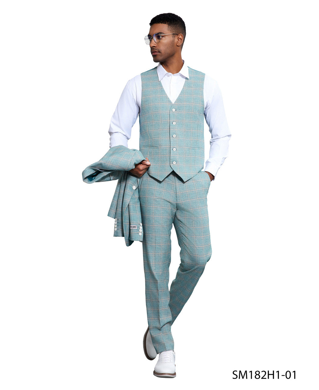 Turquoise Windowpane 3 Piece Peak Lapel Stacy Adams Men's Hybrid Suit