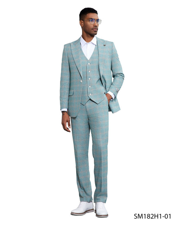 Turquoise Windowpane 3 Piece Peak Lapel Stacy Adams Men's Hybrid Suit