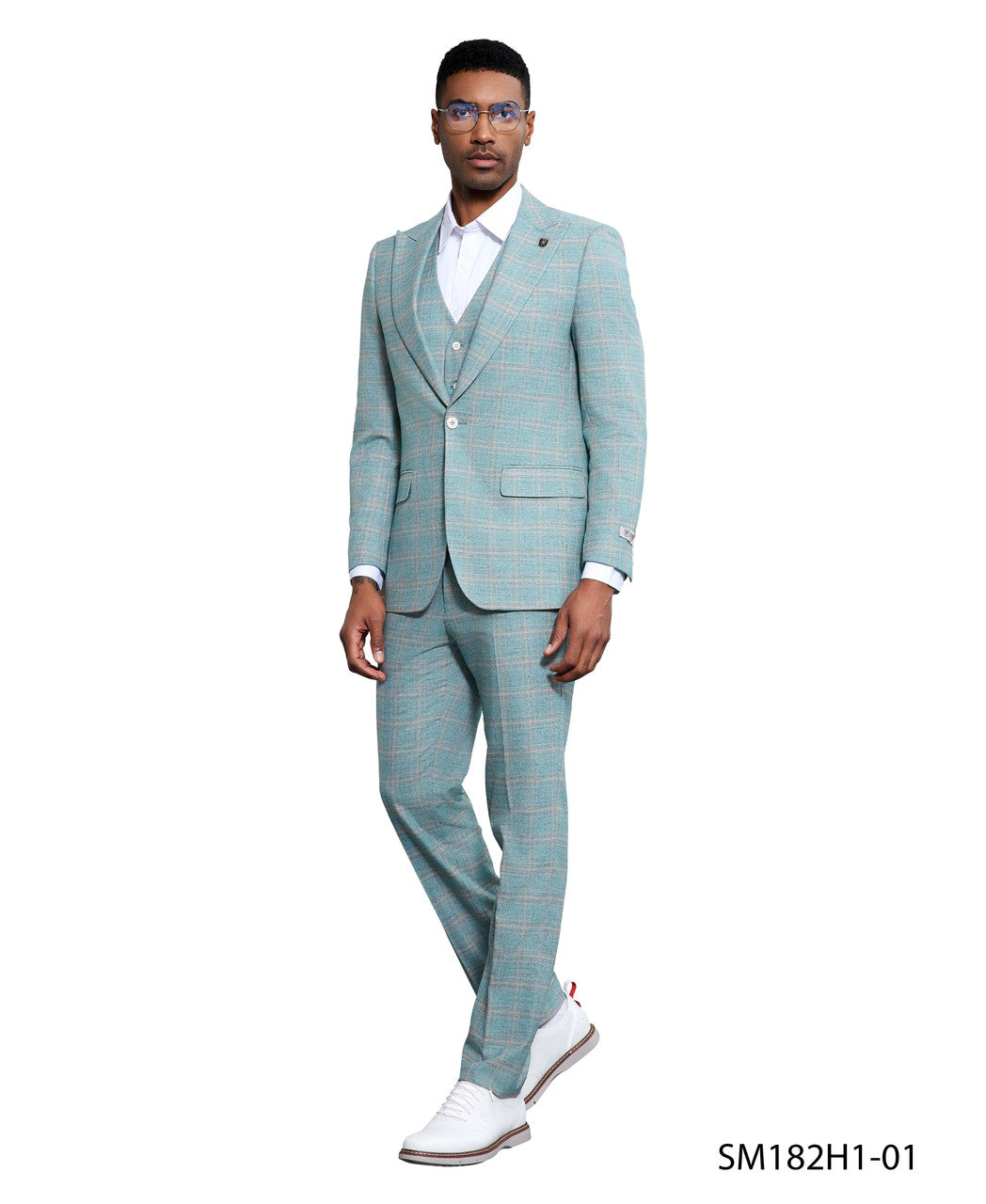 Turquoise Windowpane 3 Piece Peak Lapel Stacy Adams Men's Hybrid Suit