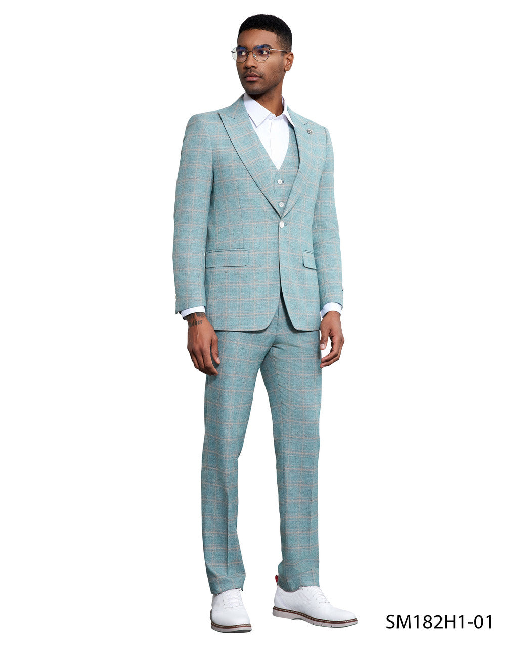 Turquoise Windowpane 3 Piece Peak Lapel Stacy Adams Men's Hybrid Suit