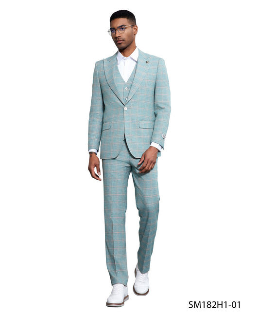 Turquoise Windowpane 3 Piece Peak Lapel Stacy Adams Men's Hybrid Suit