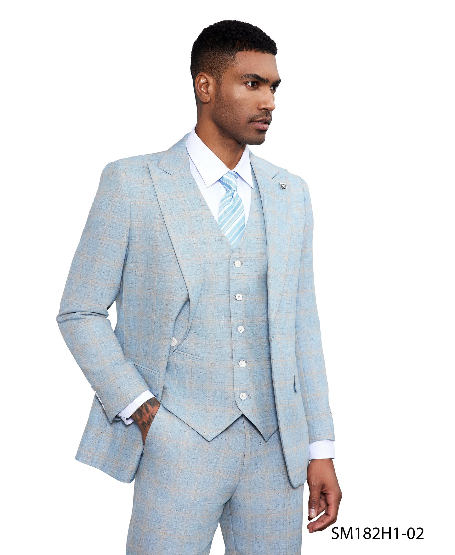 Baby Blue Windowpane 3 Piece Peak Lapel Stacy Adams Men's Hybrid Suit