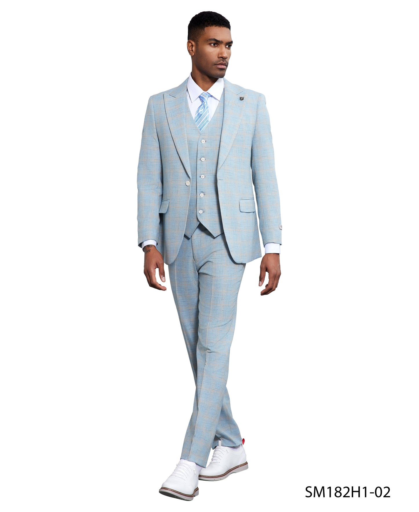 Baby Blue Windowpane 3 Piece Peak Lapel Stacy Adams Men's Hybrid Suit