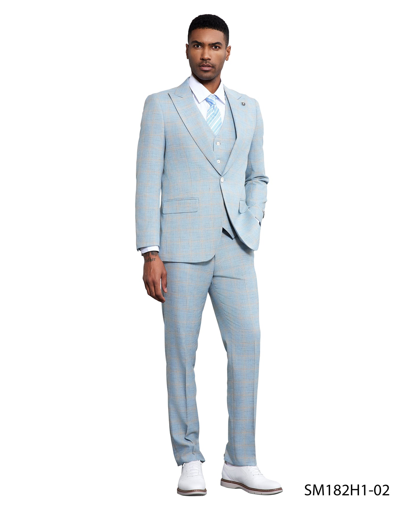 Baby Blue Windowpane 3 Piece Peak Lapel Stacy Adams Men's Hybrid Suit