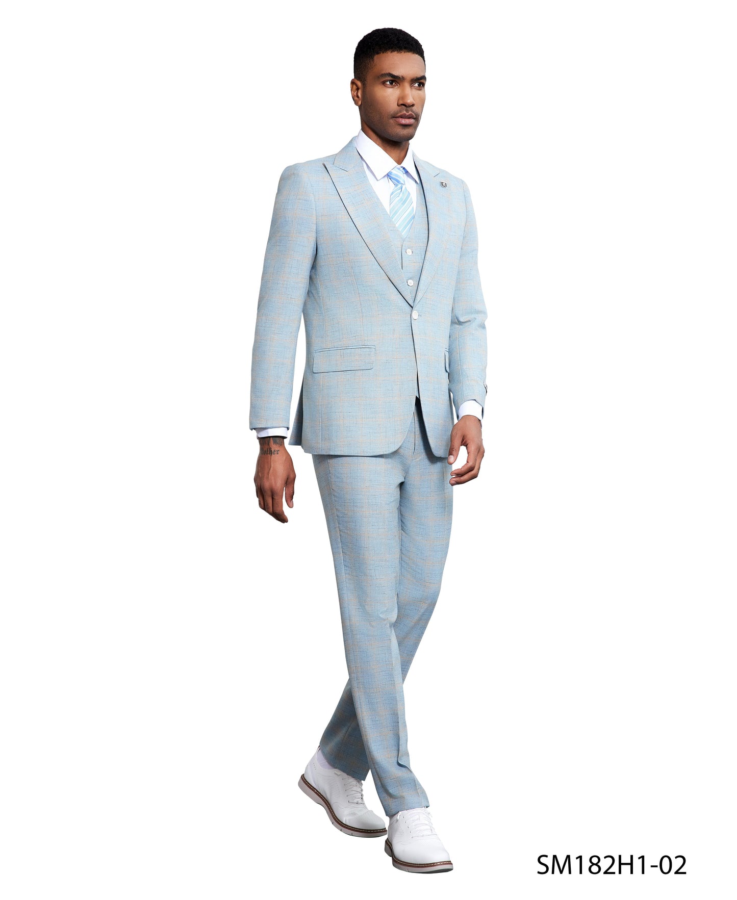 Baby Blue Windowpane 3 Piece Peak Lapel Stacy Adams Men's Hybrid Suit