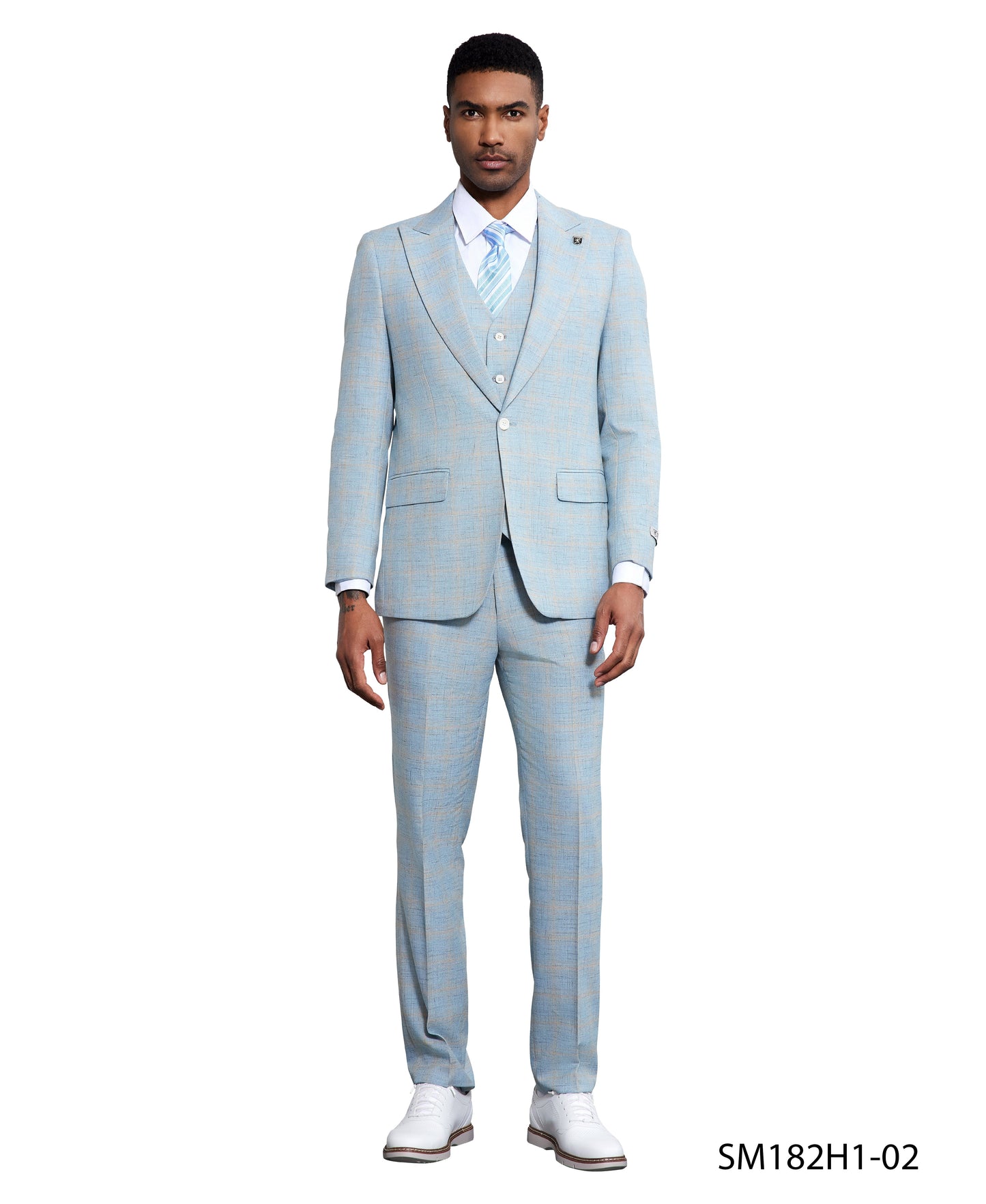 Baby Blue Windowpane 3 Piece Peak Lapel Stacy Adams Men's Hybrid Suit