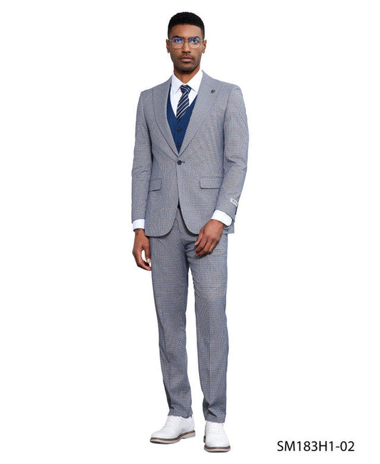 Grey/Blue Glen Plaid 3 Piece Peak Lapel Stacy Adams Men's Hybrid Suit