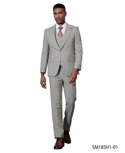 Grey Windowpane 3 Piece Peak Lapel Stacy Adams Men's Hybrid Suit