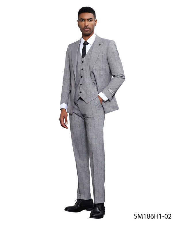 Grey Windowpane 3 Piece Peak Lapel Stacy Adams Men's Hybrid Suit