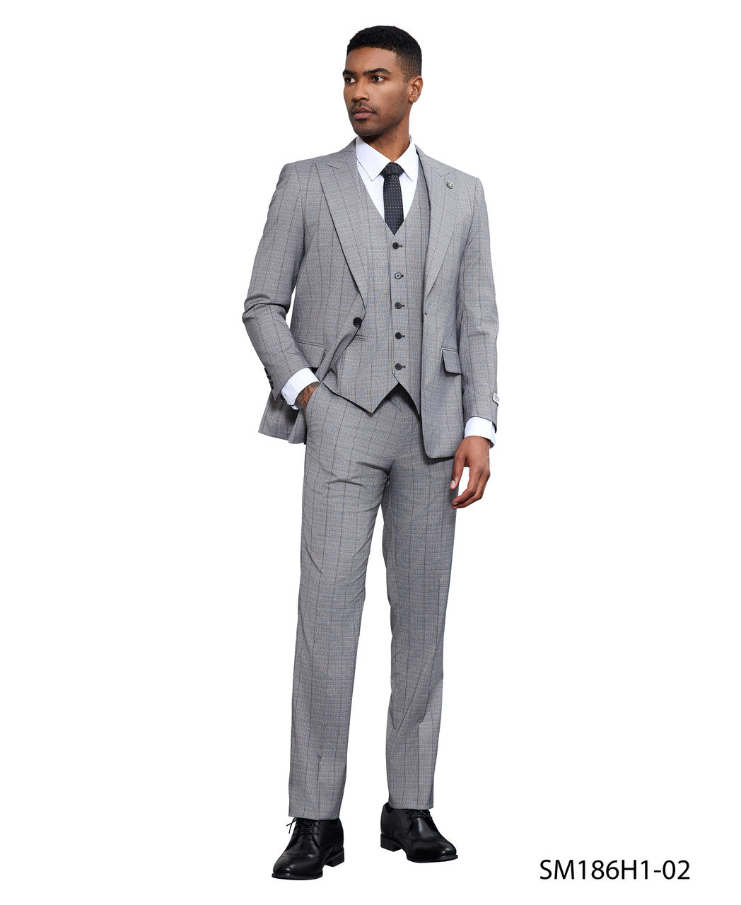 Grey Windowpane 3 Piece Peak Lapel Stacy Adams Men's Hybrid Suit