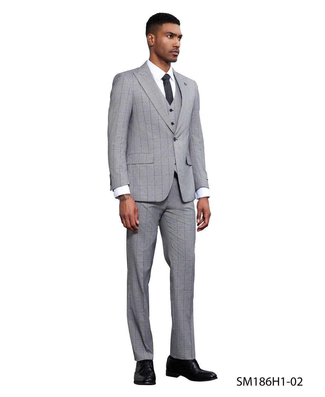 Grey Windowpane 3 Piece Peak Lapel Stacy Adams Men's Hybrid Suit