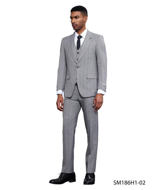 Grey Windowpane 3 Piece Peak Lapel Stacy Adams Men's Hybrid Suit