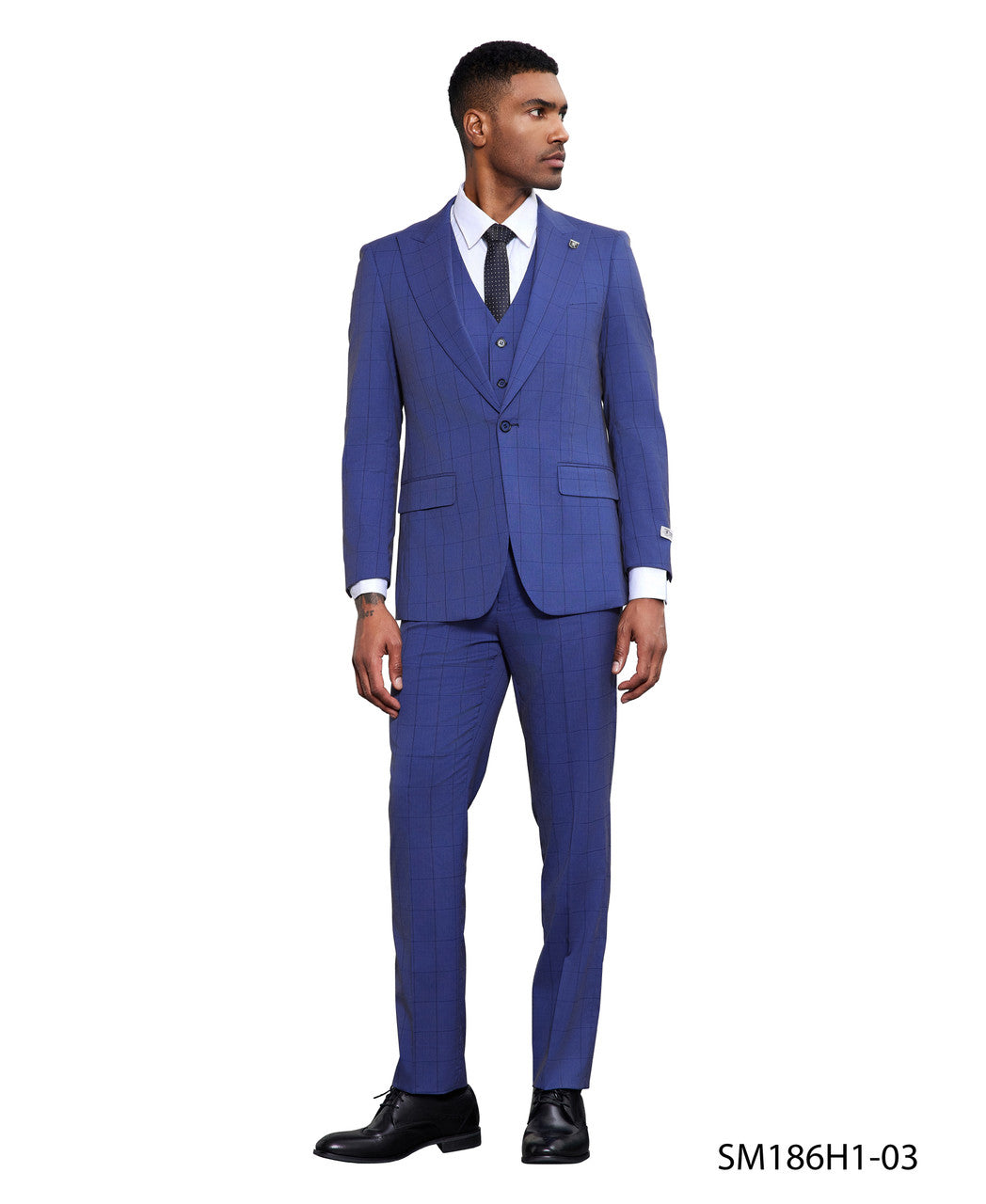 Blue Windowpane 3 Piece Peak Lapel Stacy Adams Men's Hybrid Suit