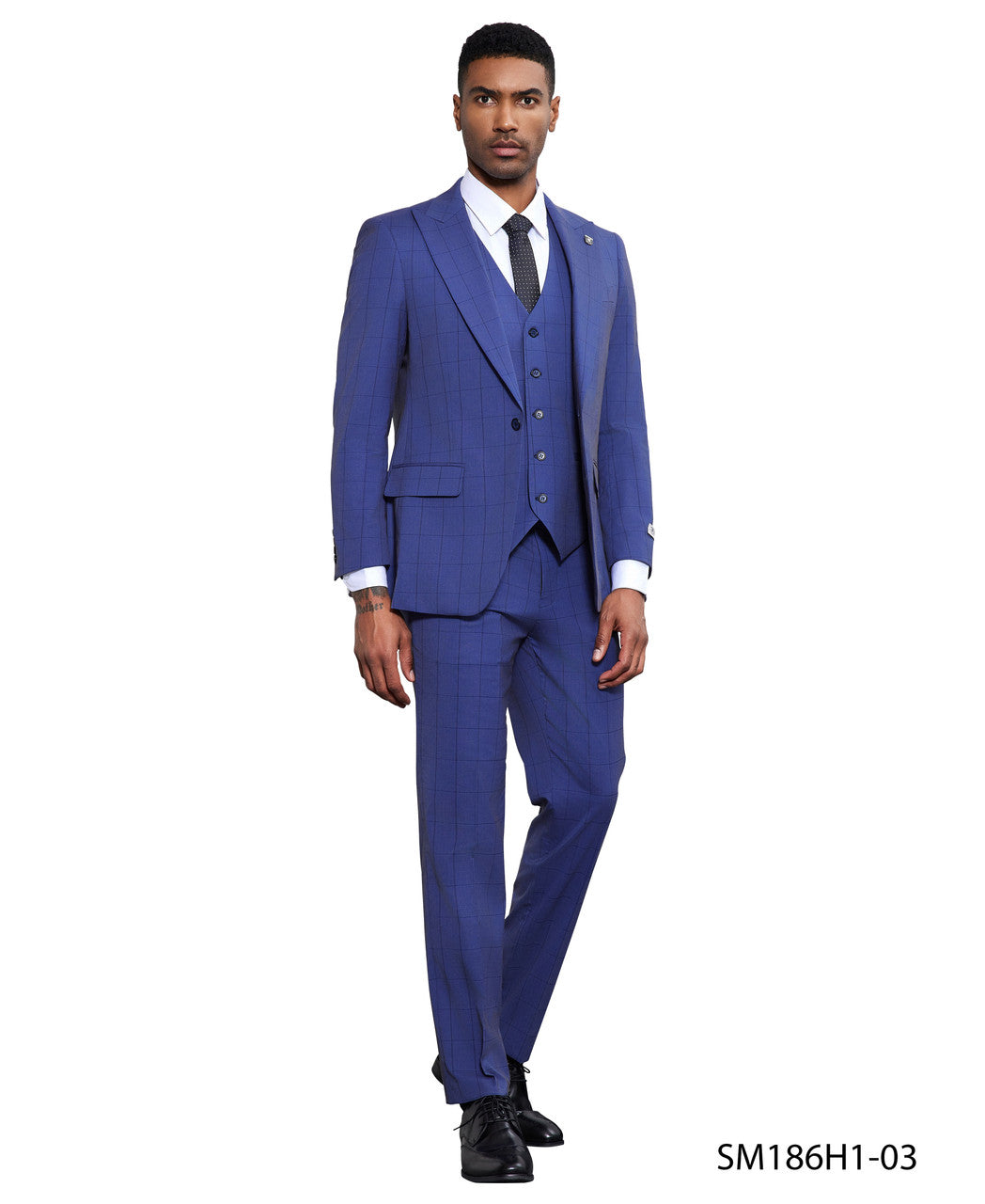 Blue Windowpane 3 Piece Peak Lapel Stacy Adams Men's Hybrid Suit