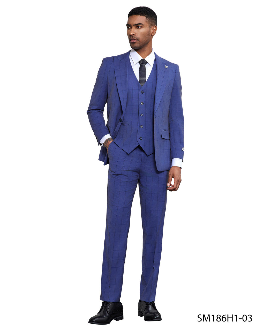 Blue Windowpane 3 Piece Peak Lapel Stacy Adams Men's Hybrid Suit