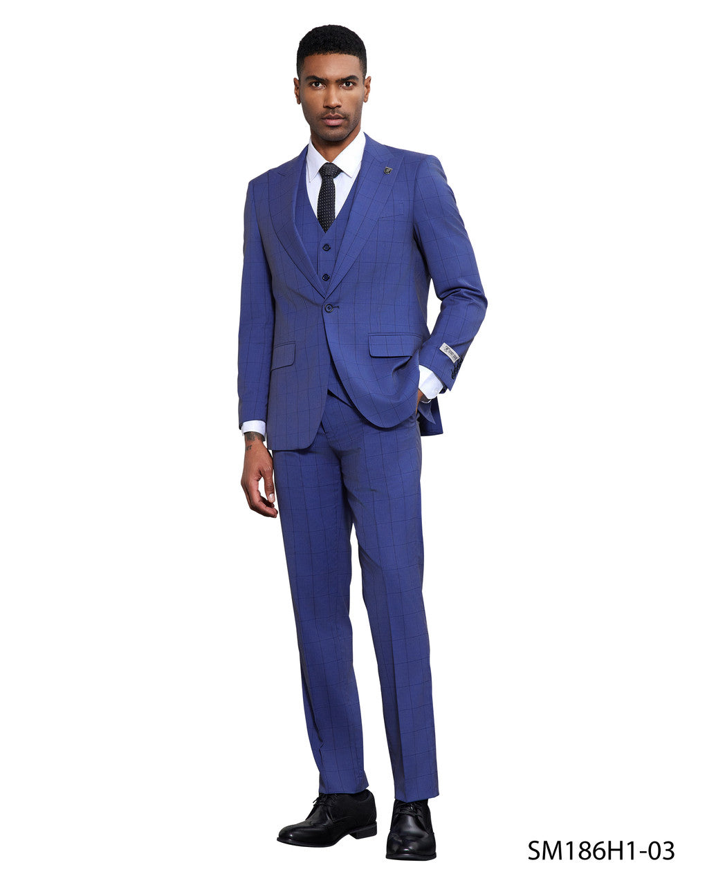 Blue Windowpane 3 Piece Peak Lapel Stacy Adams Men's Hybrid Suit