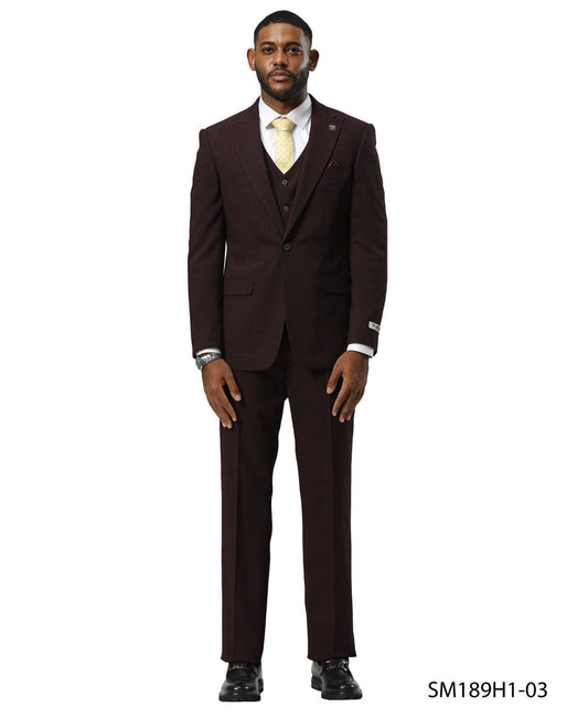 Burgundy Tattersall Plaid 3 Piece Notch Lapel Stacy Adams Men's Suit