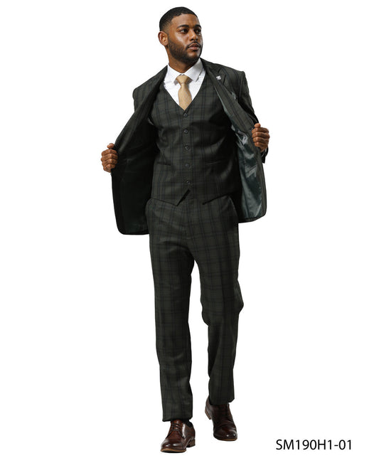 Green Glen Plaid 3 Piece Notch Lapel Stacy Adams Men's Suit