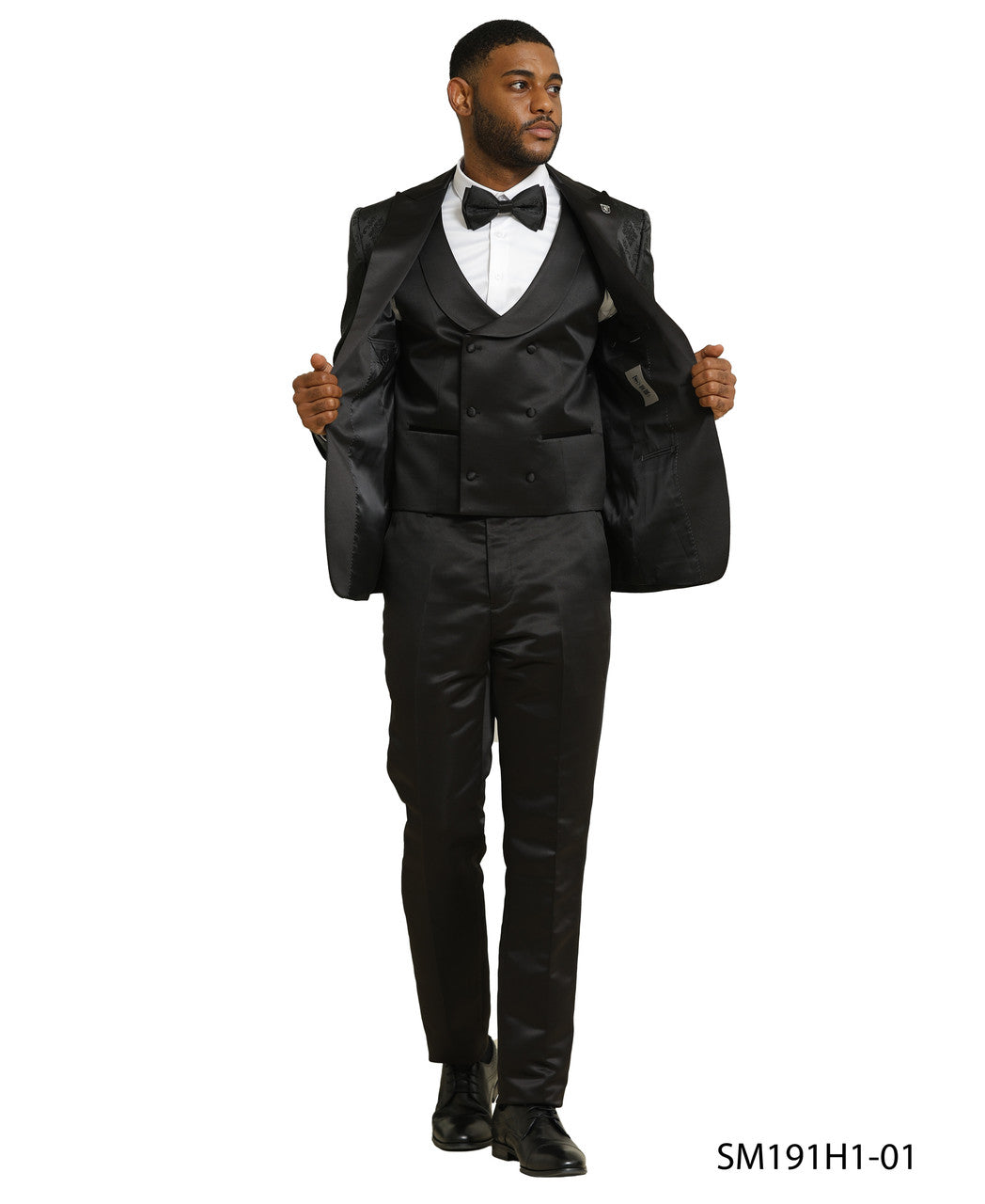 Black Floral Pattern 3 Piece Satin Peak Lapel Stacy Adams Men's Double Breasted Vest