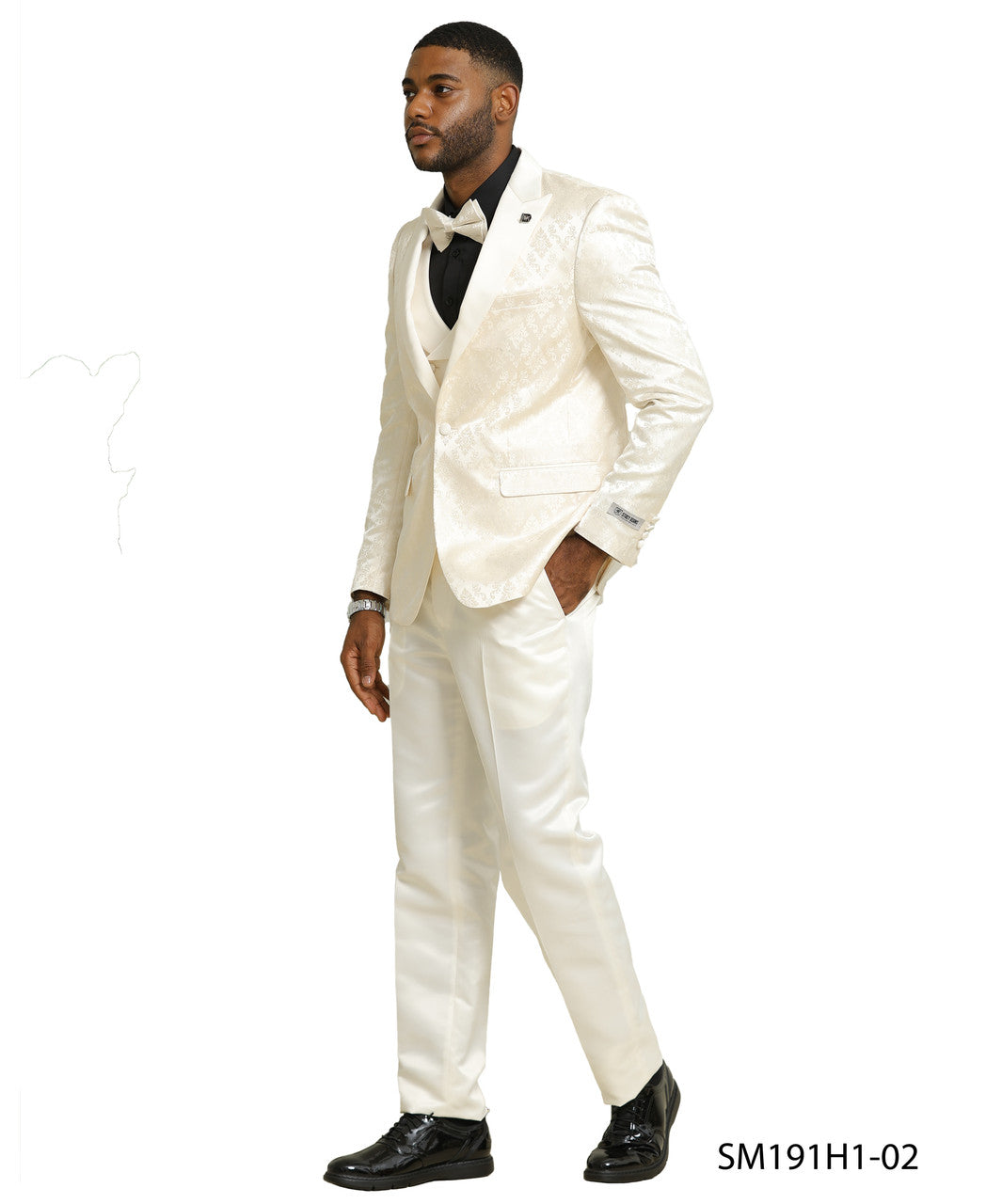 Ivory Floral Pattern 3 Piece Satin Peak Lapel Stacy Adams Men's Double Breasted Vest