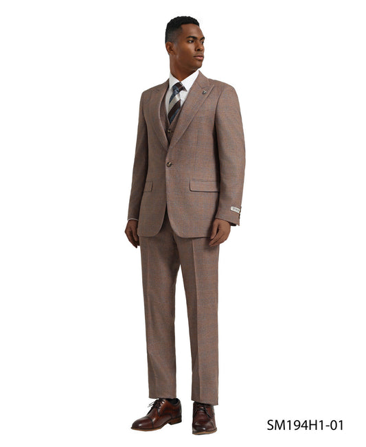 Brown Plaid 3 Piece Peak Lapel Stacy Adams Men's Hybrid Suit