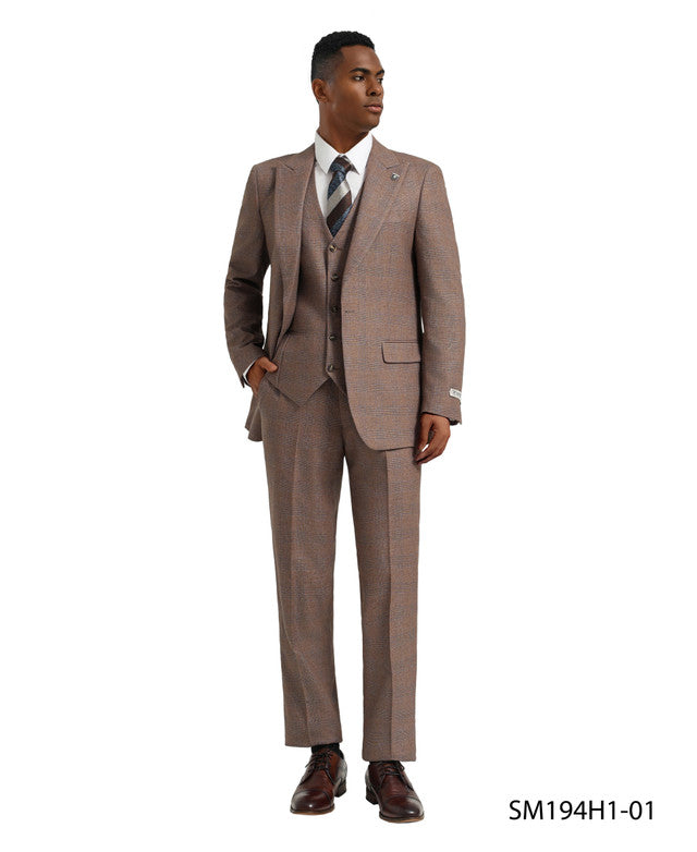 Brown Plaid 3 Piece Peak Lapel Stacy Adams Men's Hybrid Suit
