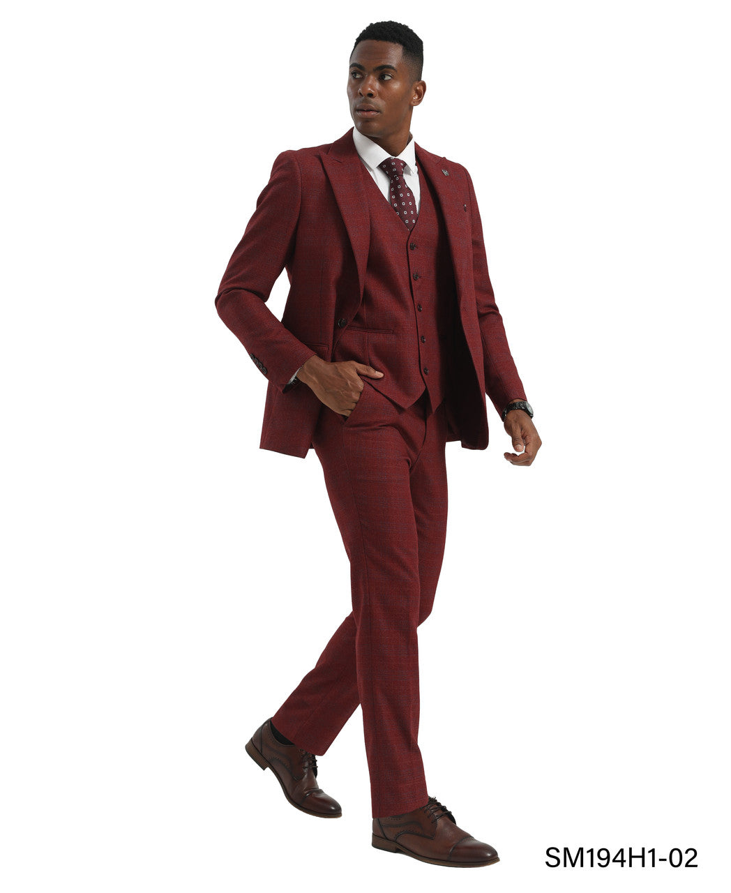 Burgundy Plaid 3 Piece Peak Lapel Stacy Adams Men's Hybrid Suit