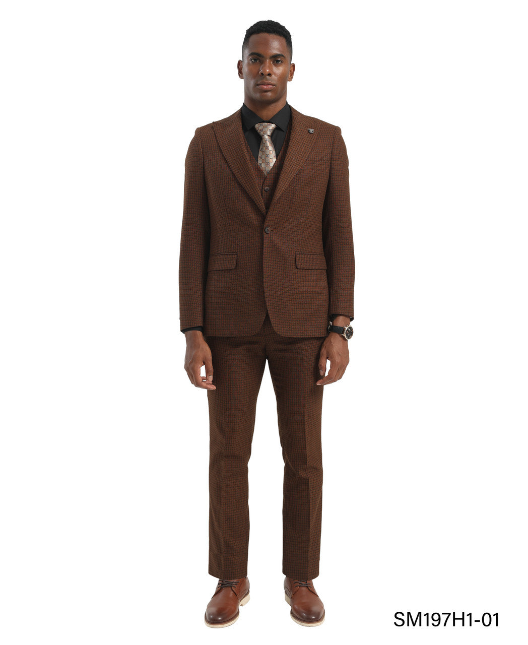 Brown Checkered Plaid 3 Piece Peak Lapel Stacy Adams Men's Hybrid Suit