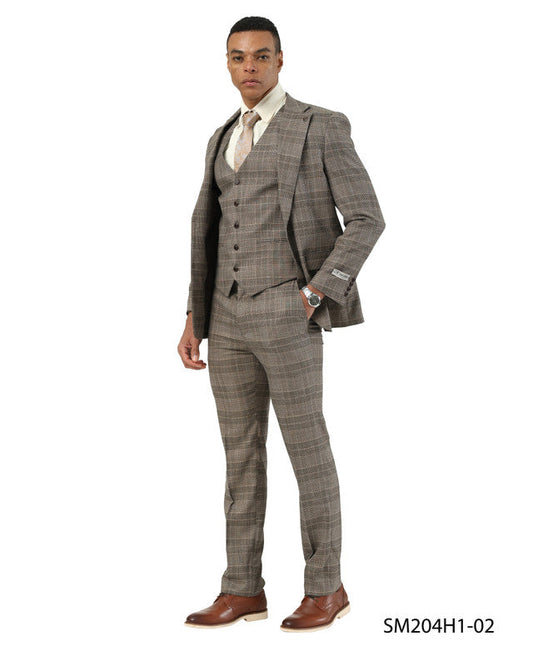 Brown Glen Plaid Notch Lapel 3 Piece Stacy Adams Men' Suit
