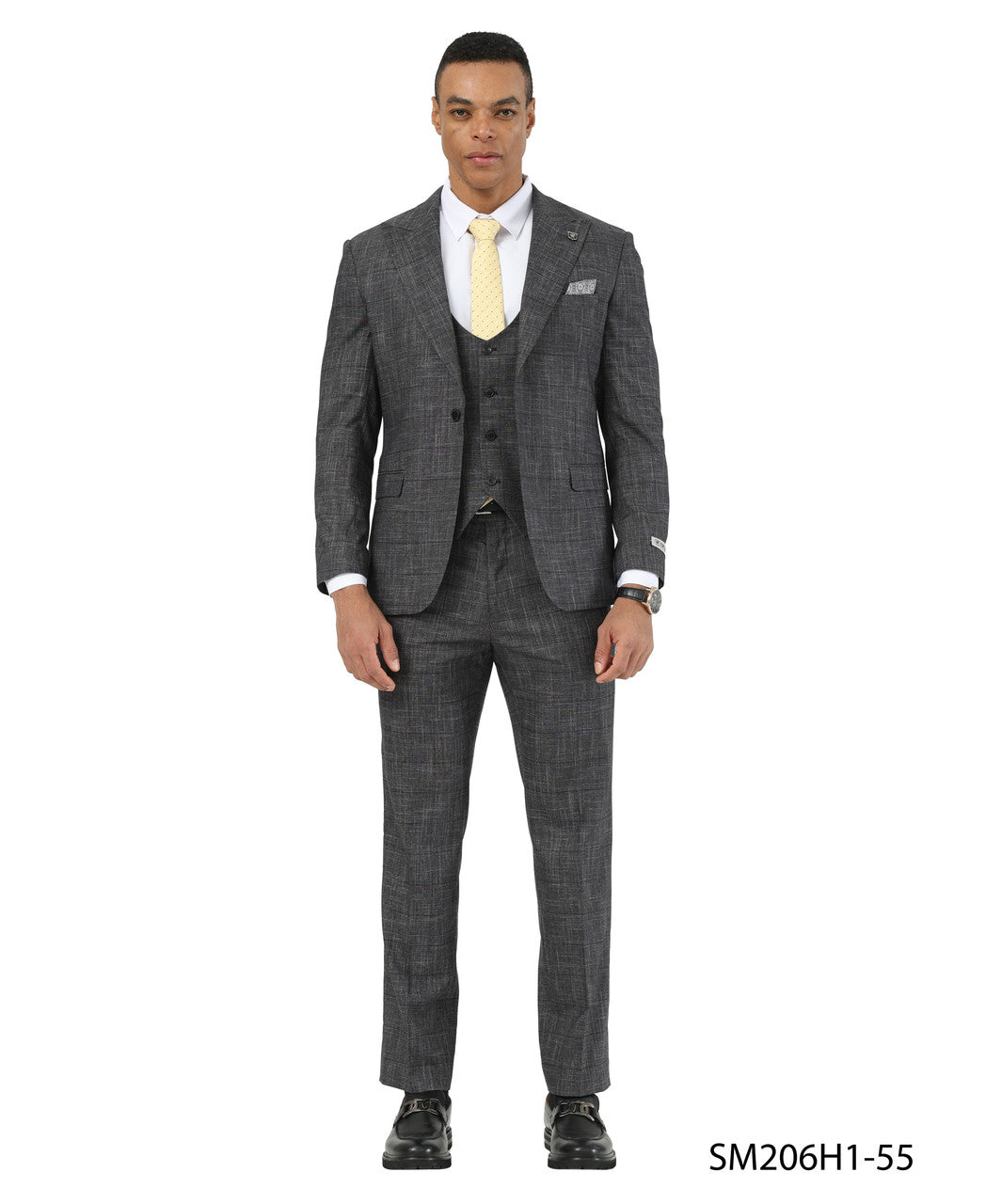Black Textured Windowpane Peak Lapel 3 Piece Stacy Adams Men' Suit