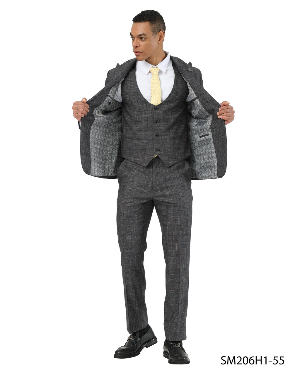 Black Textured Windowpane Peak Lapel 3 Piece Stacy Adams Men' Suit