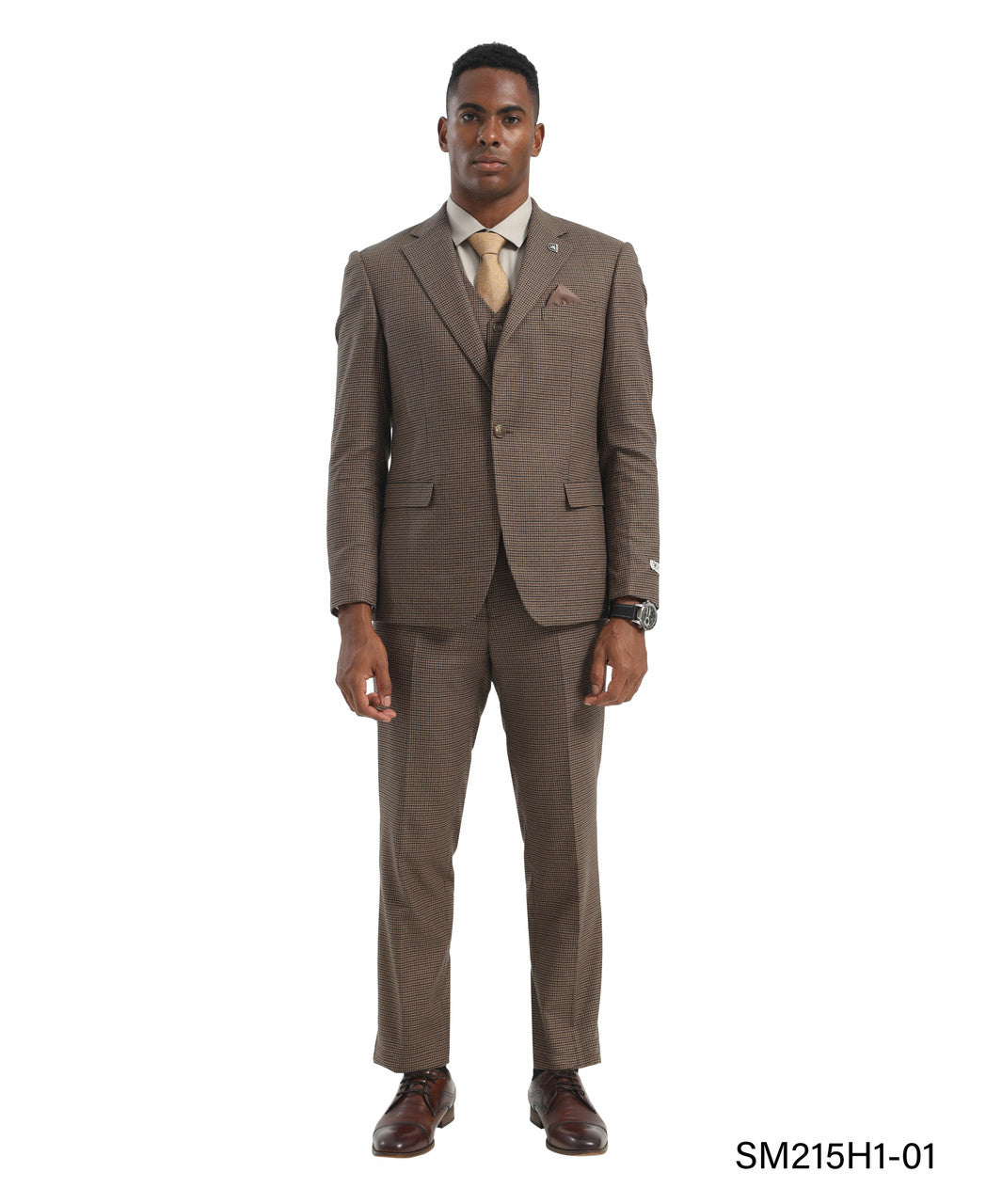 Brown Micro-Houndstooth 3 Piece Notch Lapel Stacy Adams Men's Hybrid Suit