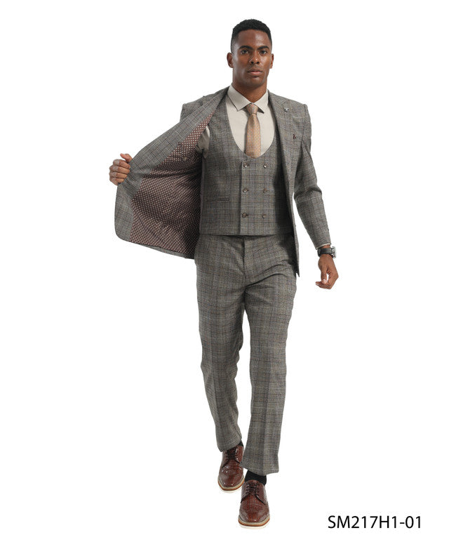 Brown/Grey Plaid 3 Piece Double Breasted Vest Peak Lapel Stacy Adams Men's Hybrid Suit