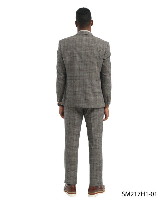 Brown/Grey Plaid 3 Piece Double Breasted Vest Peak Lapel Stacy Adams Men's Hybrid Suit