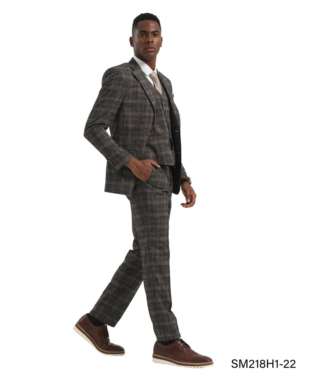 Brown Plaid 3 Piece Peak Lapel Stacy Adams Men's Hybrid Suit