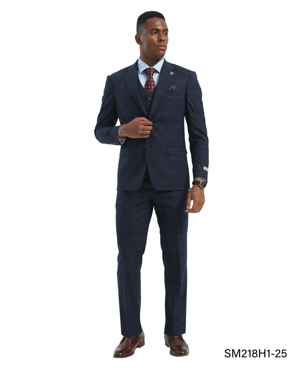 Navy Plaid 3 Piece Peak Lapel Stacy Adams Men's Hybrid Suit