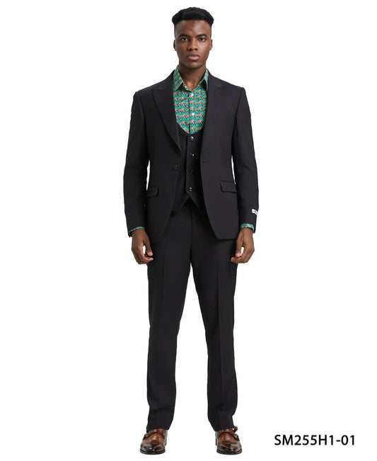 Solid Black 3 Piece Peak Lapel Stacy Adams Men's Hybrid Suit