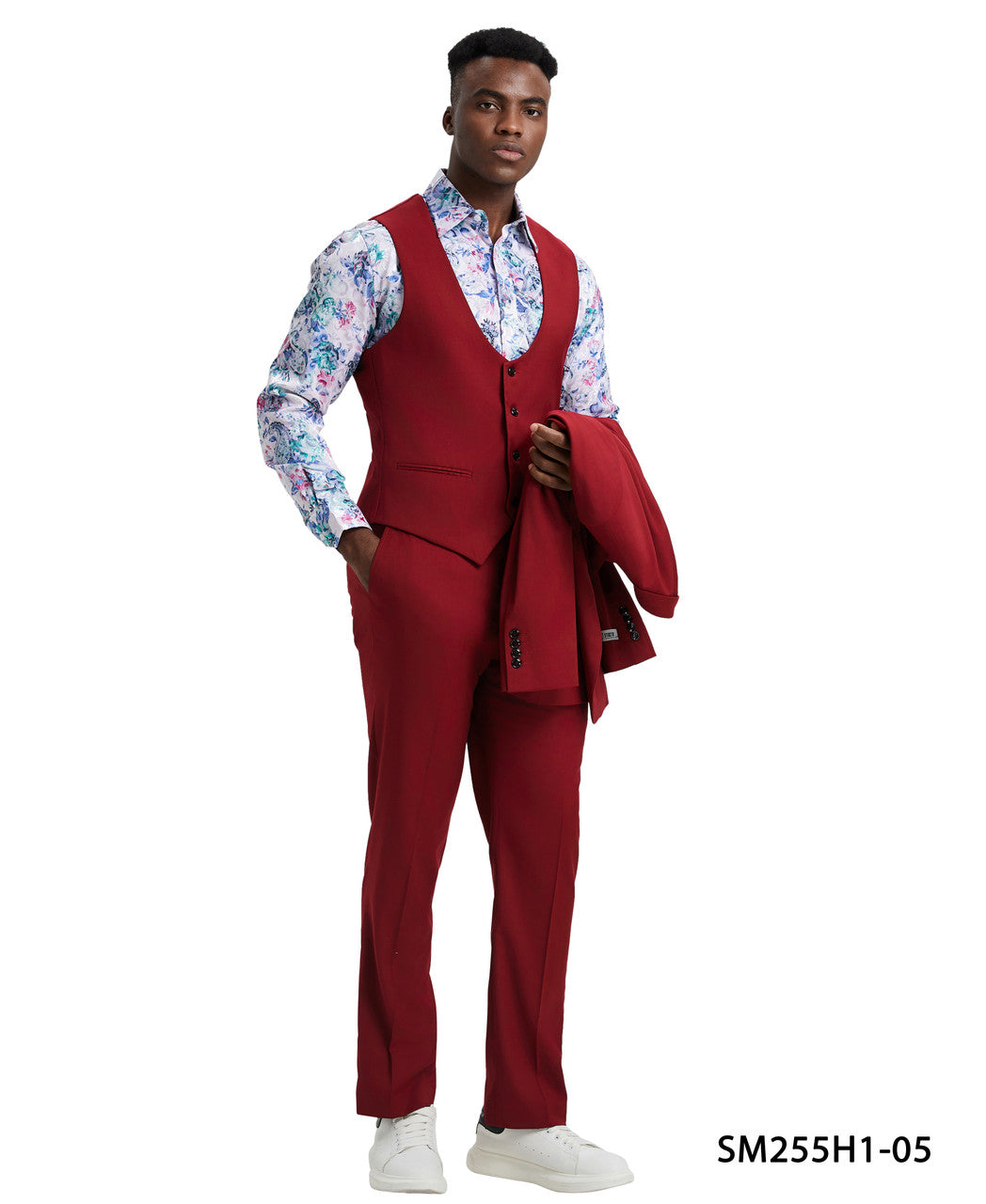 Solid Cherry Red 3 Piece Peak Lapel Stacy Adams Men's Hybrid Suit