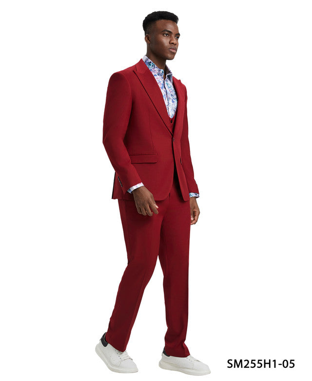 Solid Cherry Red 3 Piece Peak Lapel Stacy Adams Men's Hybrid Suit