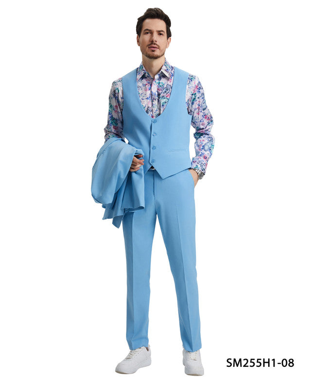 Solid Sky Blue 3 Piece Peak Lapel Stacy Adams Men's Hybrid Suit