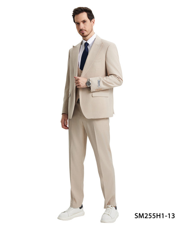 Solid Tan 3 Piece Peak Lapel Stacy Adams Men's Hybrid Suit