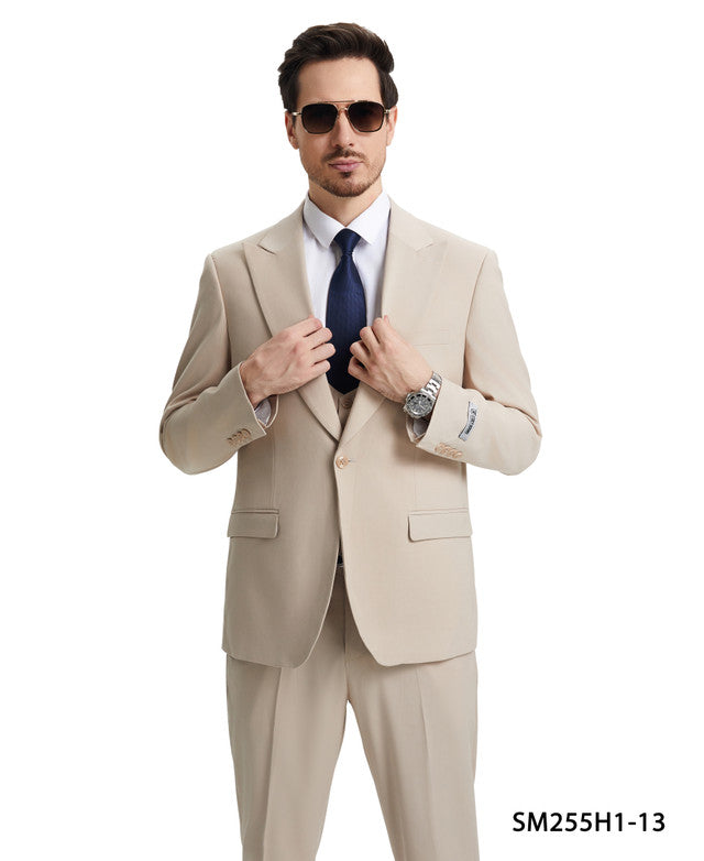 Solid Tan 3 Piece Peak Lapel Stacy Adams Men's Hybrid Suit