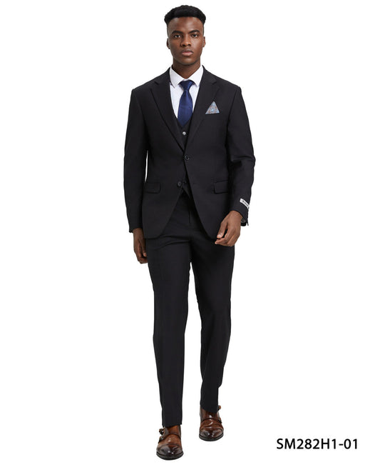 Solid Black 3 Piece Notch Lapel Stacy Adams Men's Hybrid Suit