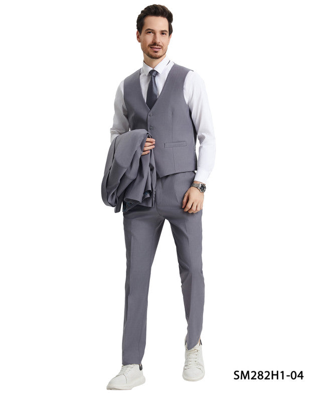 Solid Grey 3 Piece Notch Lapel Stacy Adams Men's Hybrid Suit