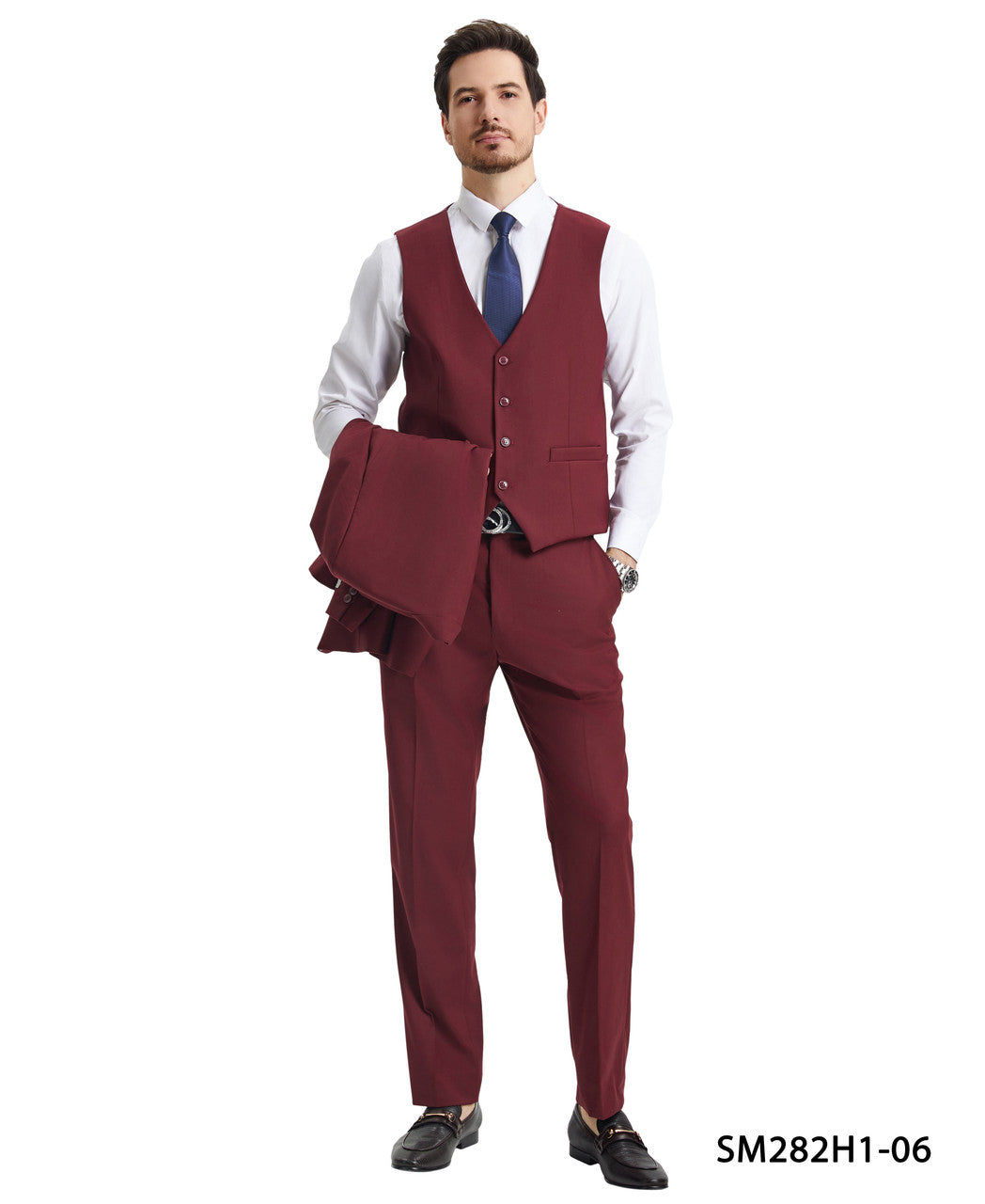 Solid Burgundy 3 Piece Notch Lapel Stacy Adams Men's Hybrid Suit