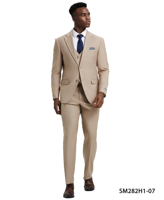 Solid Med Tan 3 Piece Notch Lapel Stacy Adams Men's Hybrid Suit