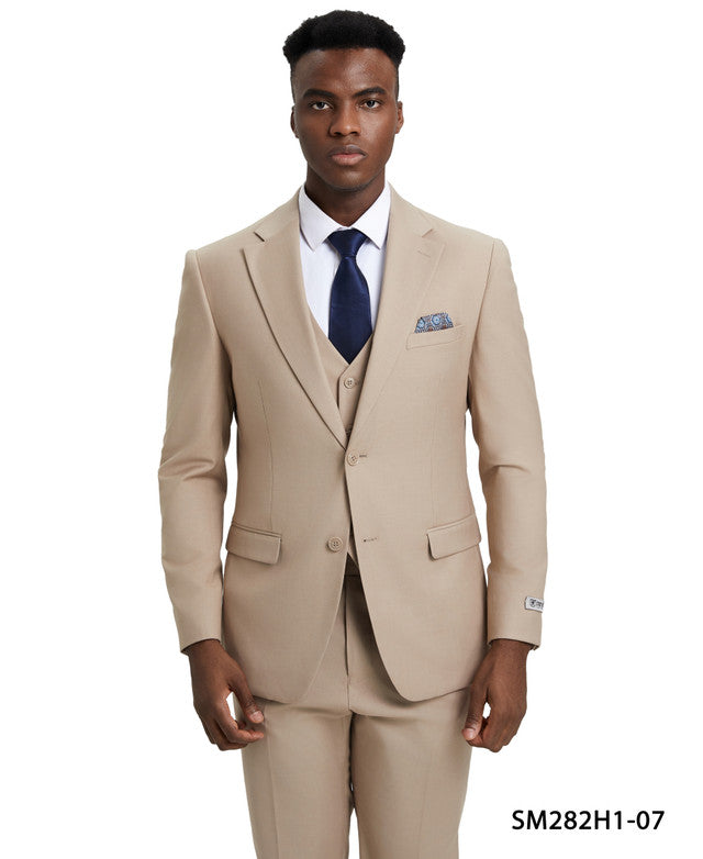 Solid Med Tan 3 Piece Notch Lapel Stacy Adams Men's Hybrid Suit